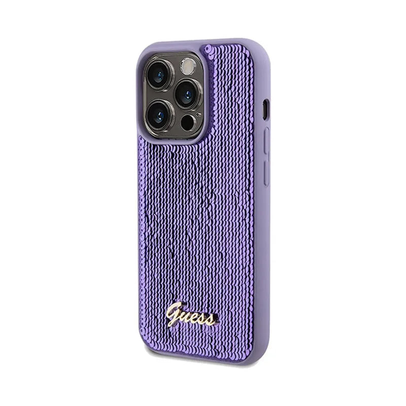 Guess Sequin Script Metal – iPhone 14 Pro Max dėklas (violetinis)