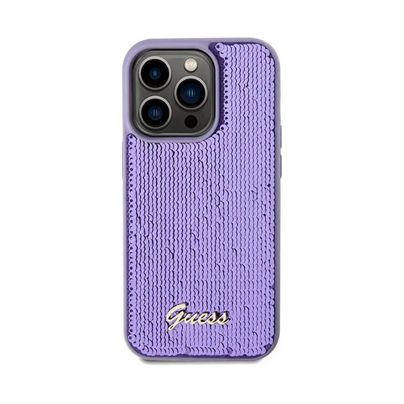 Guess Sequin Script Metal – iPhone 14 Pro Max dėklas (violetinis)