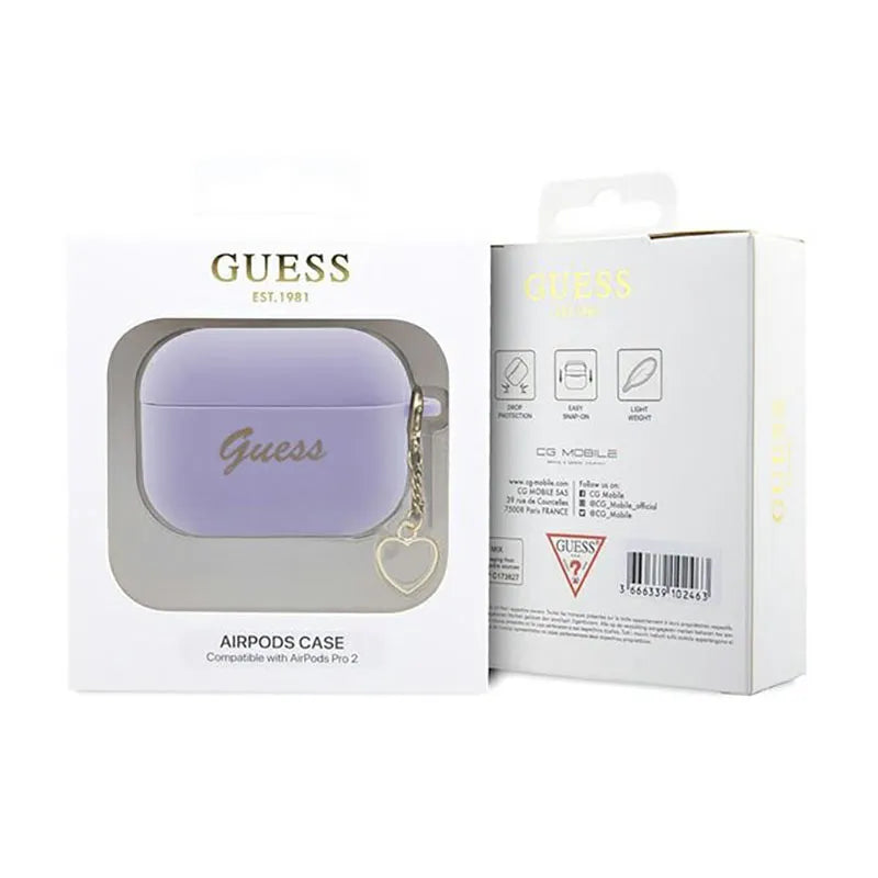 Guess Silicone Heart Charm – dėklas Apple AirPods Pro 2 (violetinė)