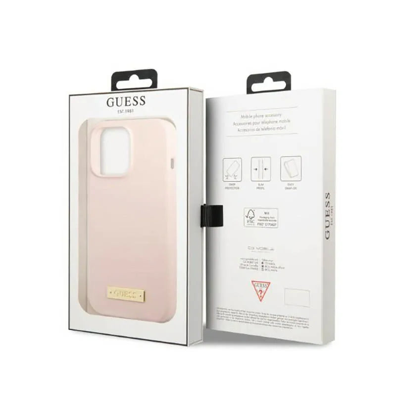 Guess Silicone Logo Plate MagSafe – dėklas iPhone 13 Pro Max (rožinis)