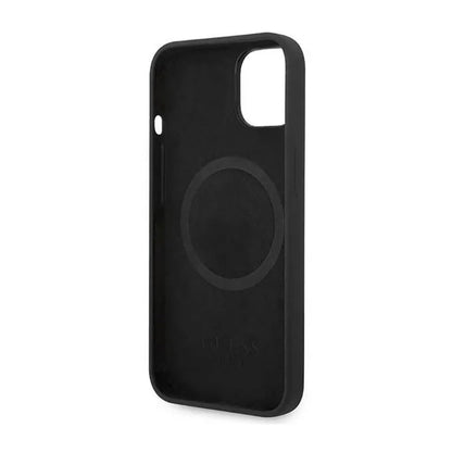 Guess Silicone Logo Plate MagSafe – dėklas iPhone 14 Plus (juodas)
