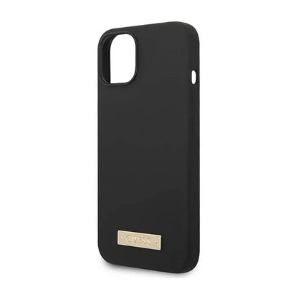 Guess Silicone Logo Plate MagSafe – dėklas iPhone 14 Plus (juodas)