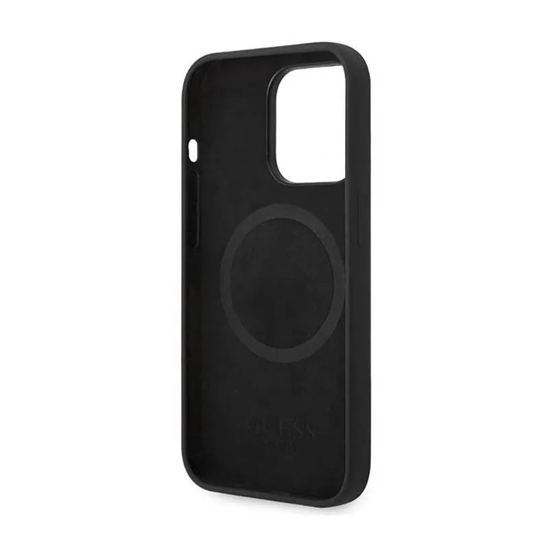 Guess Silicone Logo Plate MagSafe – dėklas, skirtas „iPhone 14 Pro“ (juodas)