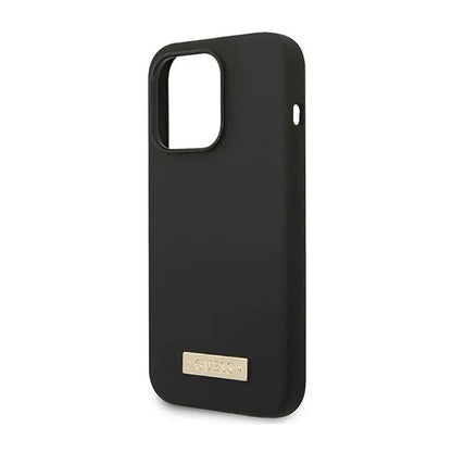 Guess Silicone Logo Plate MagSafe – dėklas, skirtas „iPhone 14 Pro“ (juodas)