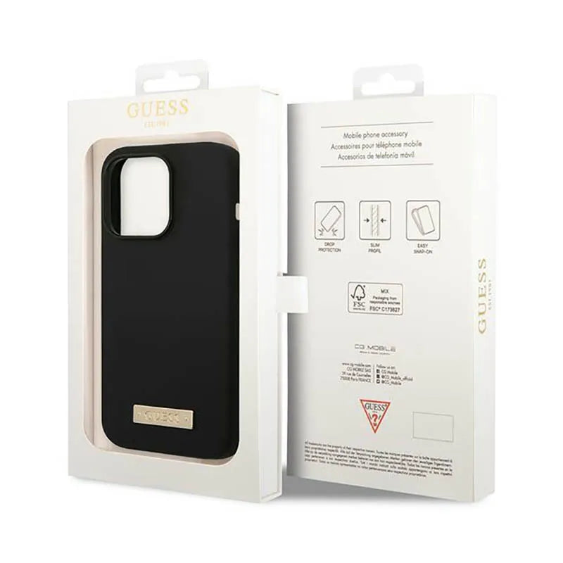Guess Silicone Logo Plate MagSafe – dėklas, skirtas „iPhone 14 Pro“ (juodas)