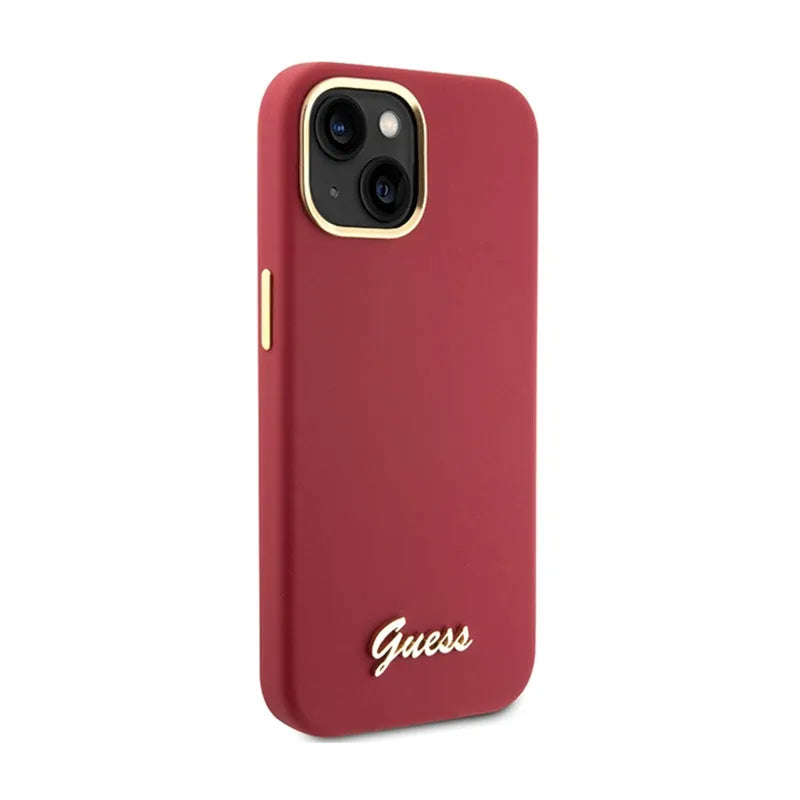 Guess Silicone Script Metal Logo & Frame - iPhone 15 dėklas (purpurinis)