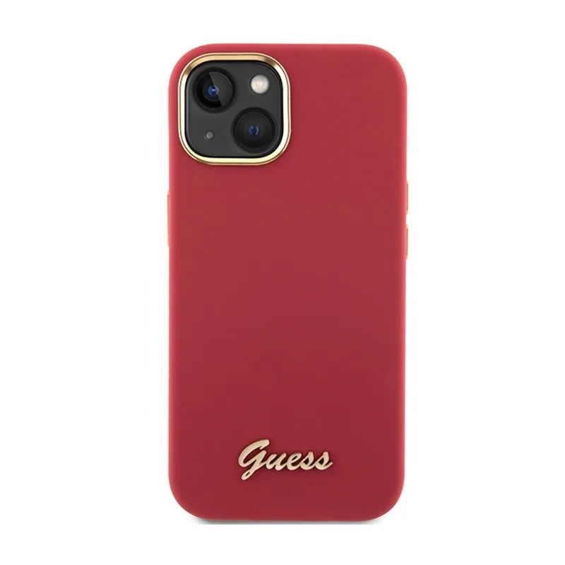 Guess Silicone Script Metal Logo & Frame - iPhone 15 dėklas (purpurinis)