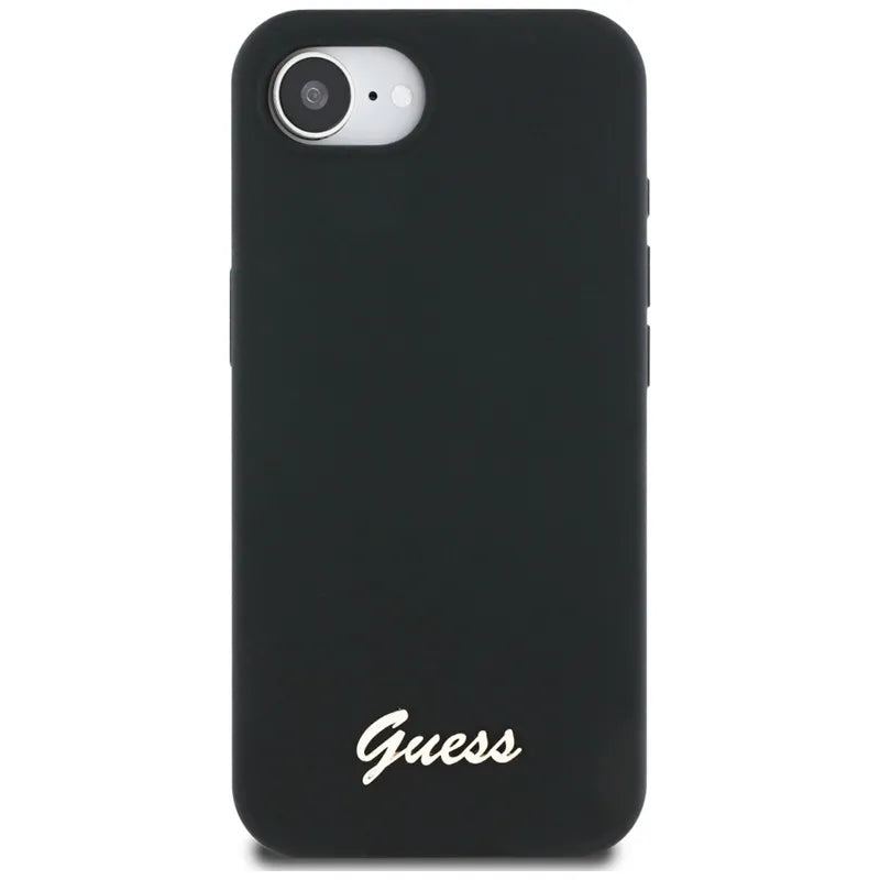 Guess Silicone Script Metal Logo MagSafe – dėklas, skirtas „iPhone 16e“ (juoda)