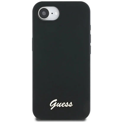 Guess Silicone Script Metal Logo MagSafe – dėklas, skirtas „iPhone 16e“ (juoda)