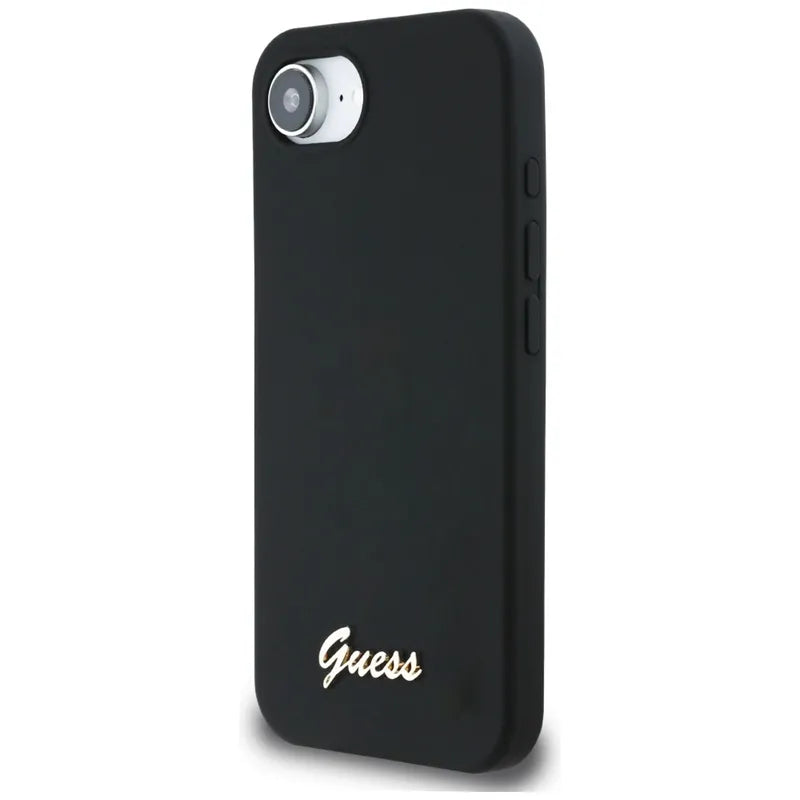 Guess Silicone Script Metal Logo MagSafe – dėklas, skirtas „iPhone 16e“ (juoda)