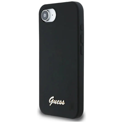 Guess Silicone Script Metal Logo MagSafe – dėklas, skirtas „iPhone 16e“ (juoda)