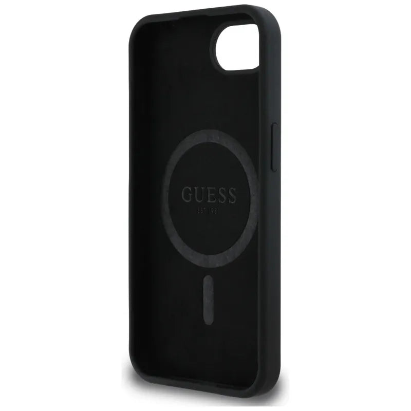 Guess Silicone Script Metal Logo MagSafe – dėklas, skirtas „iPhone 16e“ (juoda)