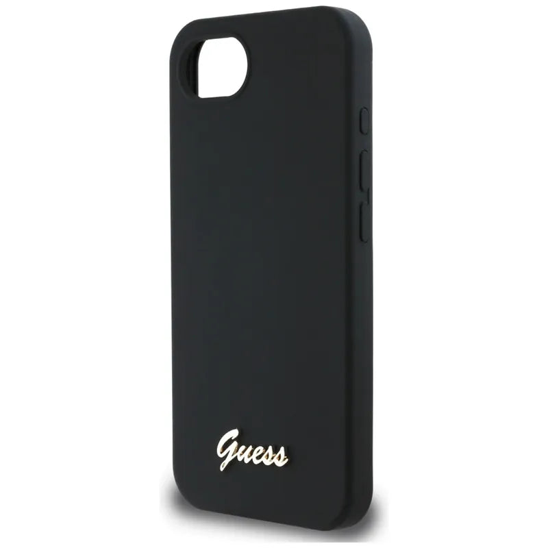 Guess Silicone Script Metal Logo MagSafe – dėklas, skirtas „iPhone 16e“ (juoda)