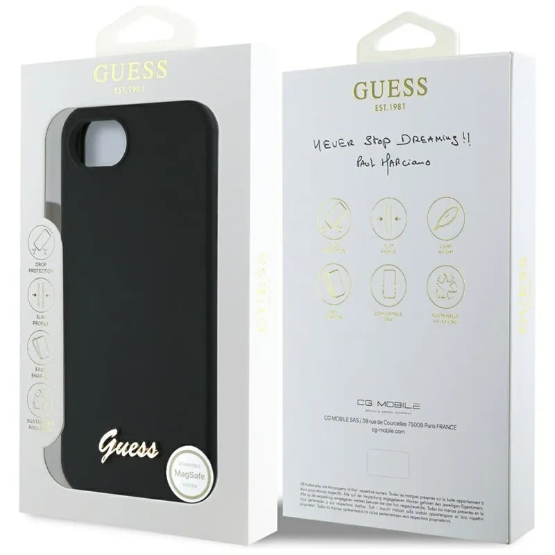 Guess Silicone Script Metal Logo MagSafe – dėklas, skirtas „iPhone 16e“ (juoda)