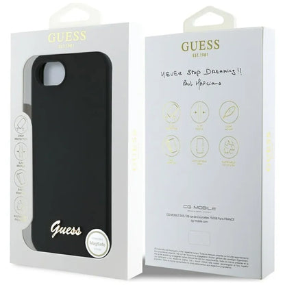 Guess Silicone Script Metal Logo MagSafe – dėklas, skirtas „iPhone 16e“ (juoda)