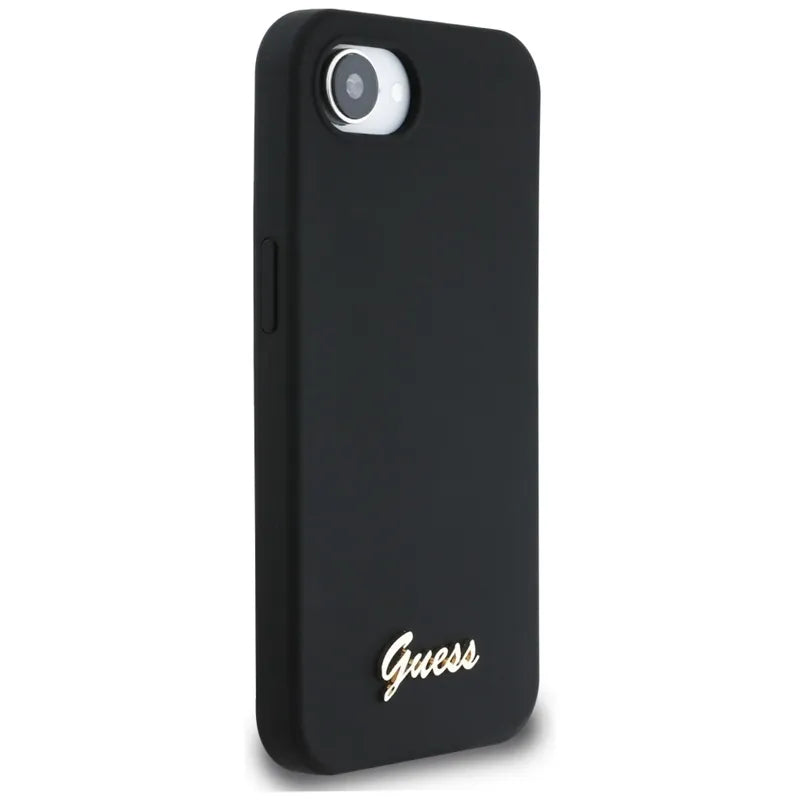 Guess Silicone Script Metal Logo MagSafe – dėklas, skirtas „iPhone 16e“ (juoda)