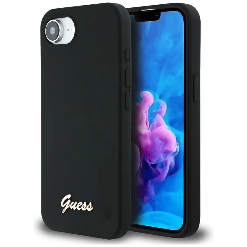 Guess Silicone Script Metal Logo MagSafe – dėklas, skirtas „iPhone 16e“ (juoda)