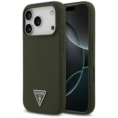 Guess Silicone Triangle Logo MagSafe – dėklas iPhone 17 Pro (Chaki)