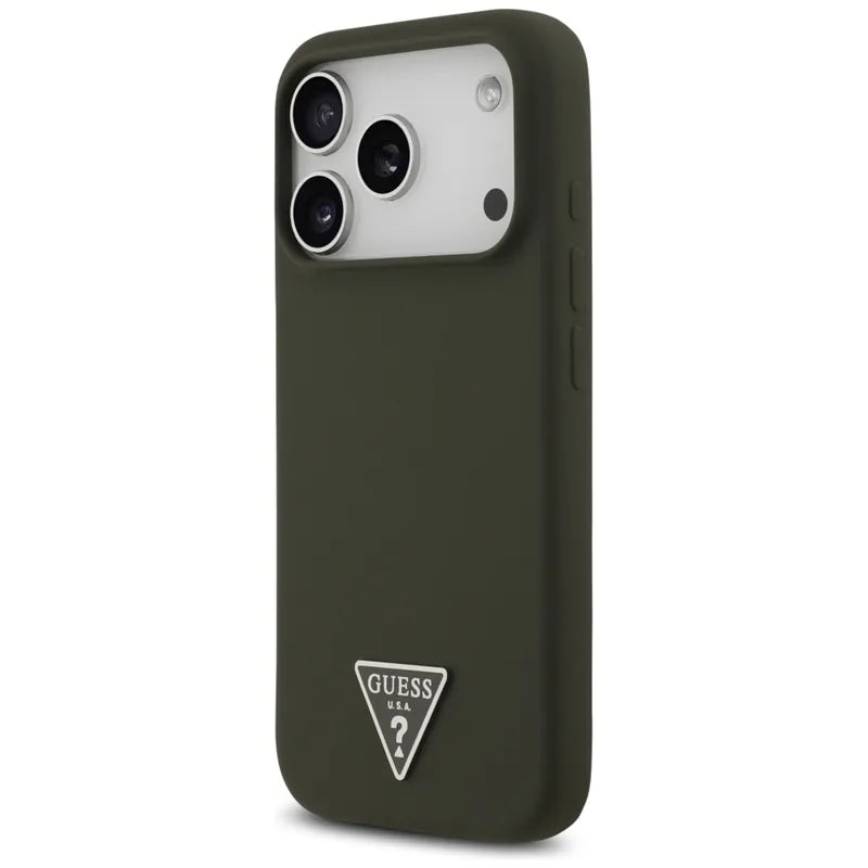 Guess Silicone Triangle Logo MagSafe – dėklas iPhone 17 Pro (Chaki)