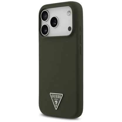 Guess Silicone Triangle Logo MagSafe – dėklas iPhone 17 Pro (Chaki)