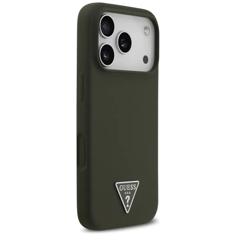 Guess Silicone Triangle Logo MagSafe – dėklas iPhone 17 Pro (Chaki)