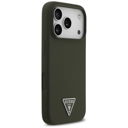 Guess Silicone Triangle Logo MagSafe – dėklas iPhone 17 Pro (Chaki)