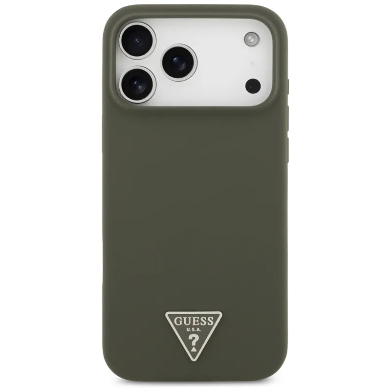 Guess Silicone Triangle Logo MagSafe - dėklas iPhone 17 Pro Max (chaki spalvos)