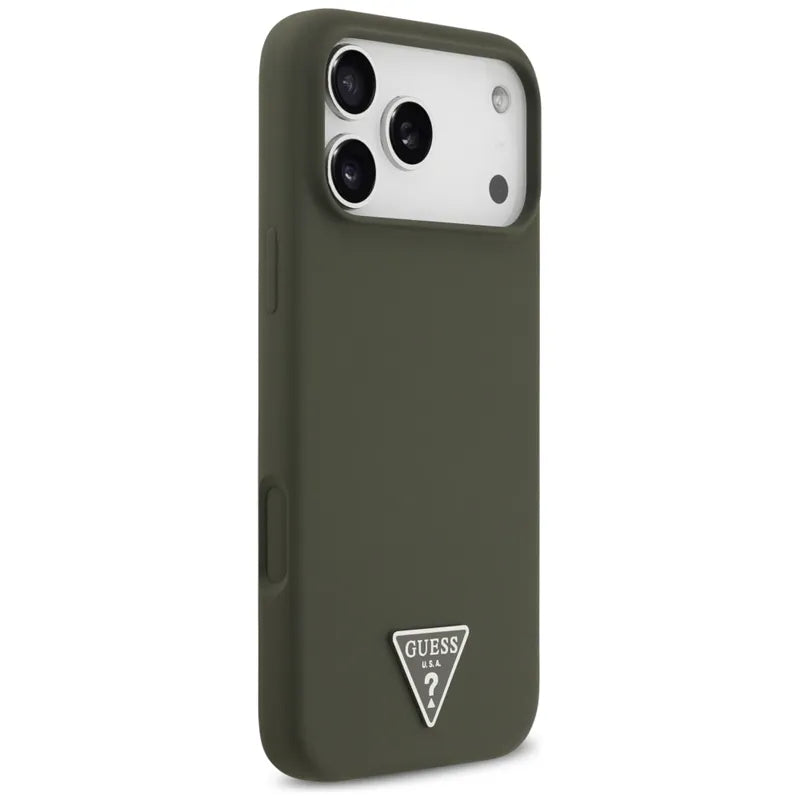 Guess Silicone Triangle Logo MagSafe - dėklas iPhone 17 Pro Max (chaki spalvos)