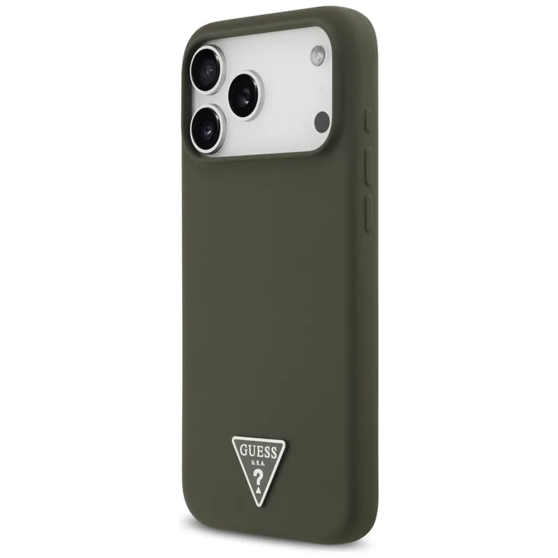 Guess Silicone Triangle Logo MagSafe - dėklas iPhone 17 Pro Max (chaki spalvos)