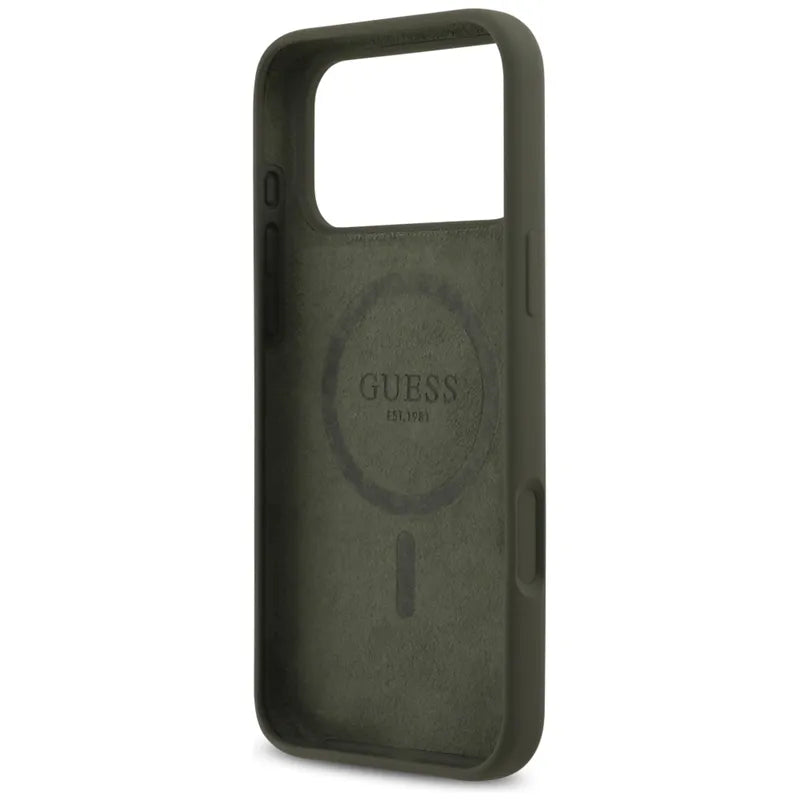 Guess Silicone Triangle Logo MagSafe - dėklas iPhone 17 Pro Max (chaki spalvos)