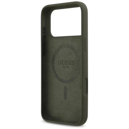 Guess Silicone Triangle Logo MagSafe - dėklas iPhone 17 Pro Max (chaki spalvos)