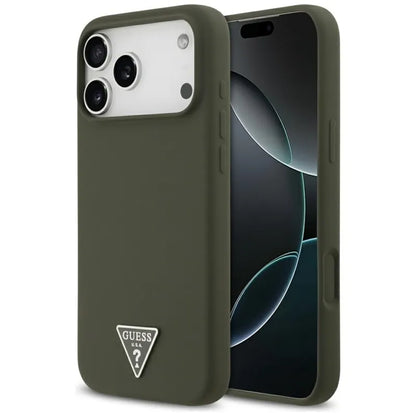 Guess Silicone Triangle Logo MagSafe - dėklas iPhone 17 Pro Max (chaki spalvos)
