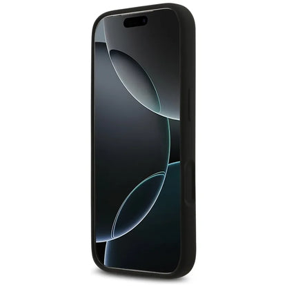 Guess Silikoninis MagSafe dėklas su Trikampio logotipu iPhone 17 Pro Max (juodas)