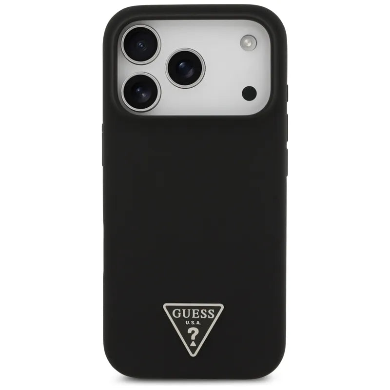 Guess Silikoninis MagSafe dėklas su Trikampio logotipu iPhone 17 Pro Max (juodas)