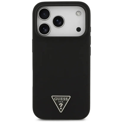 Guess Silikoninis MagSafe dėklas su Trikampio logotipu iPhone 17 Pro Max (juodas)