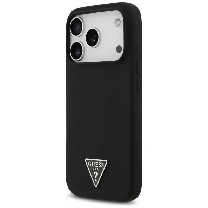 Guess Silikoninis MagSafe dėklas su Trikampio logotipu iPhone 17 Pro Max (juodas)