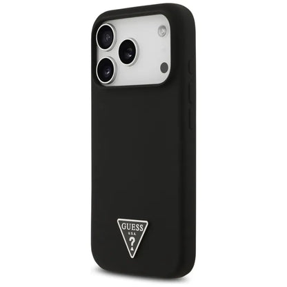 Guess Silikoninis MagSafe dėklas su Trikampio logotipu iPhone 17 Pro Max (juodas)