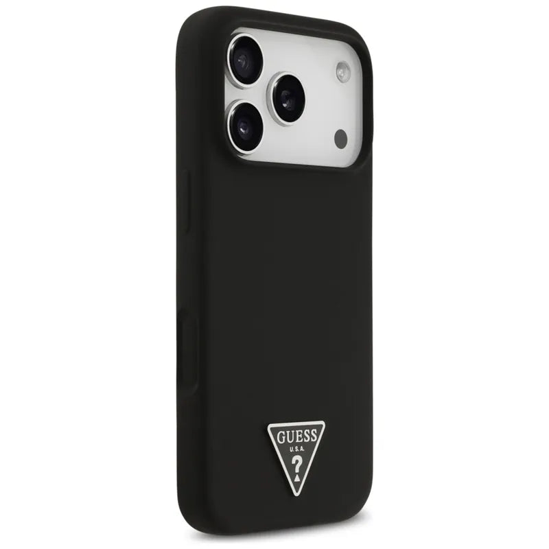 Guess Silikoninis MagSafe dėklas su Trikampio logotipu iPhone 17 Pro Max (juodas)