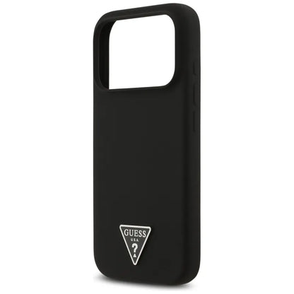 Guess Silikoninis MagSafe dėklas su Trikampio logotipu iPhone 17 Pro Max (juodas)