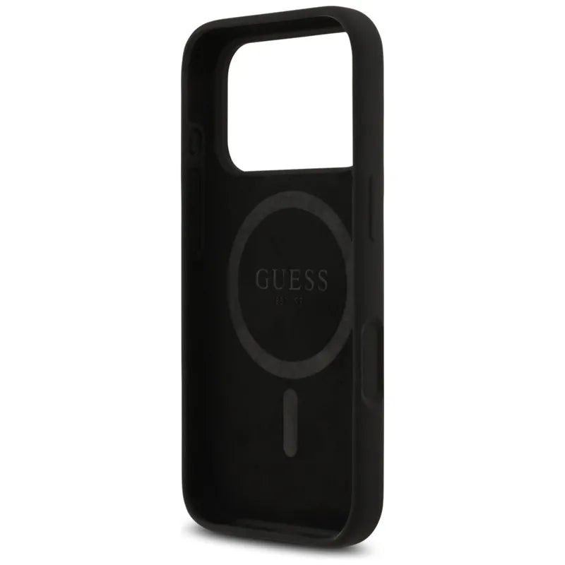 Guess Silikoninis MagSafe dėklas su Trikampio logotipu iPhone 17 Pro Max (juodas)
