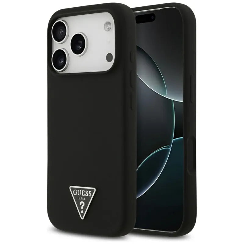 Guess Silikoninis MagSafe dėklas su Trikampio logotipu iPhone 17 Pro Max (juodas)