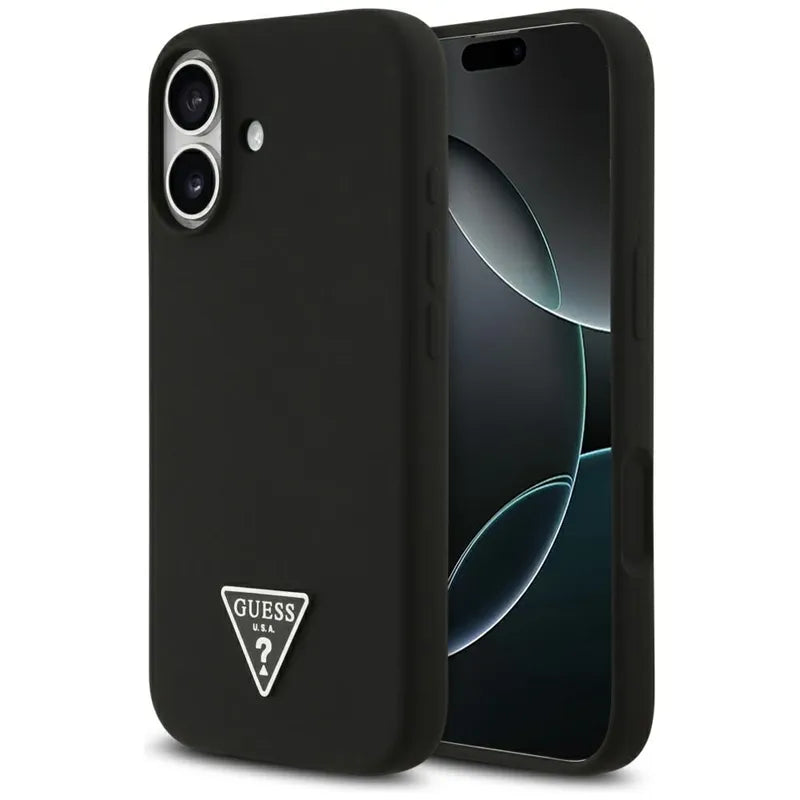 „Guess“ silikoninis trikampio logotipas MagSafe – dėklas iPhone 17 (juodas)