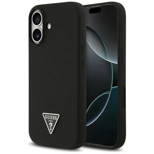„Guess“ silikoninis trikampio logotipas MagSafe – dėklas iPhone 17 (juodas)