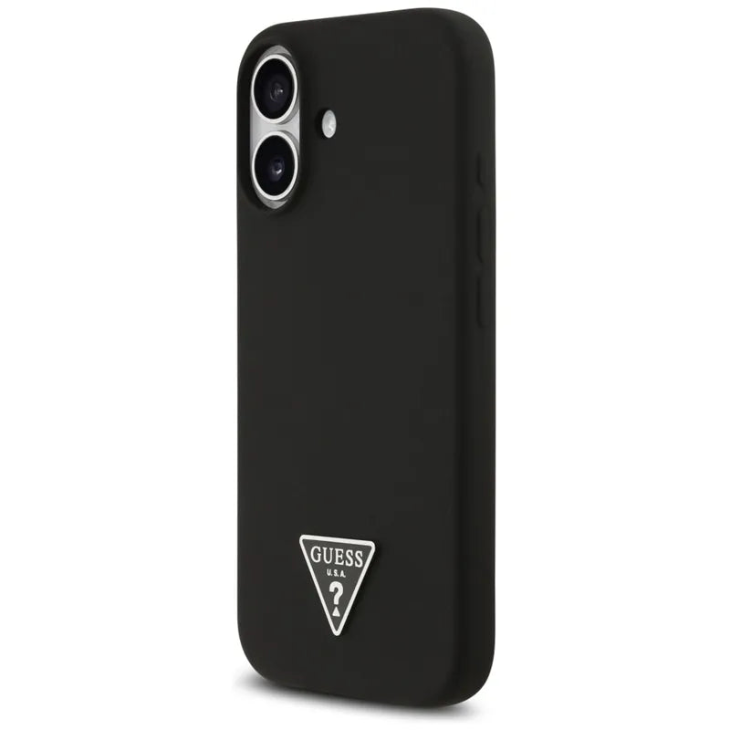 „Guess“ silikoninis trikampio logotipas MagSafe – dėklas iPhone 17 (juodas)