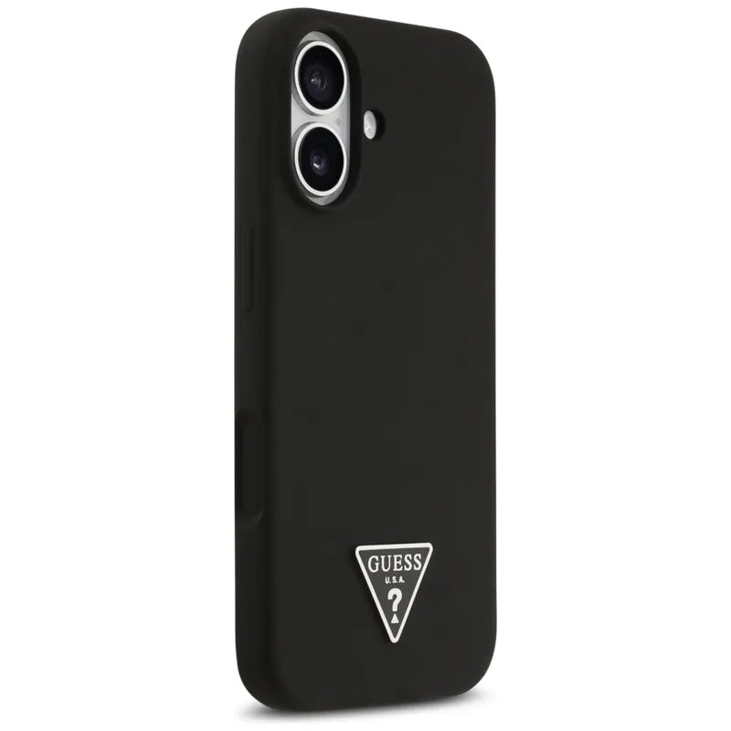 „Guess“ silikoninis trikampio logotipas MagSafe – dėklas iPhone 17 (juodas)