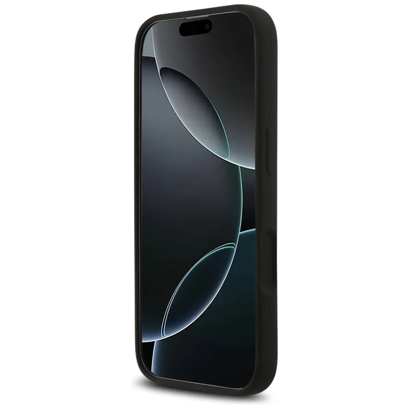 „Guess“ silikoninis trikampio logotipas MagSafe – dėklas iPhone 17 (juodas)