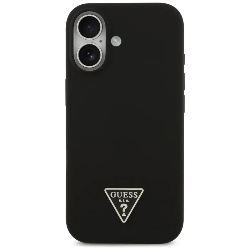 „Guess“ silikoninis trikampio logotipas MagSafe – dėklas iPhone 17 (juodas)