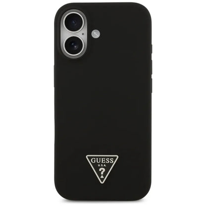„Guess“ silikoninis trikampio logotipas MagSafe – dėklas iPhone 17 (juodas)