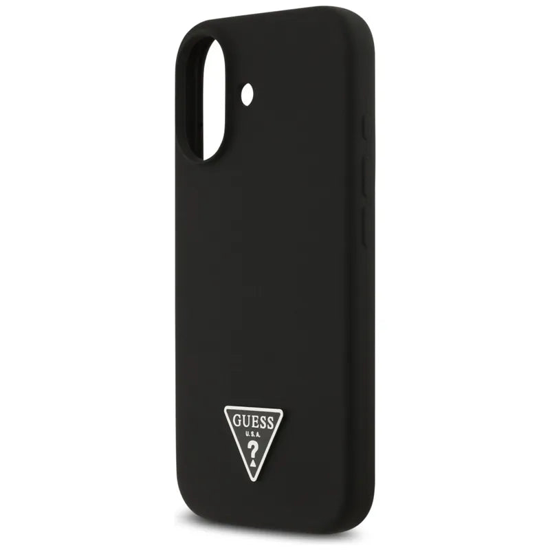 „Guess“ silikoninis trikampio logotipas MagSafe – dėklas iPhone 17 (juodas)