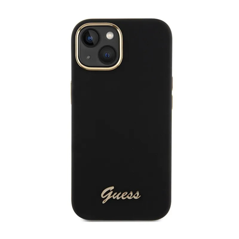 Guess Silikono Scrip with metal Guess logotipu ir rėmeliu - iPhone 15 dėklas (juodas)